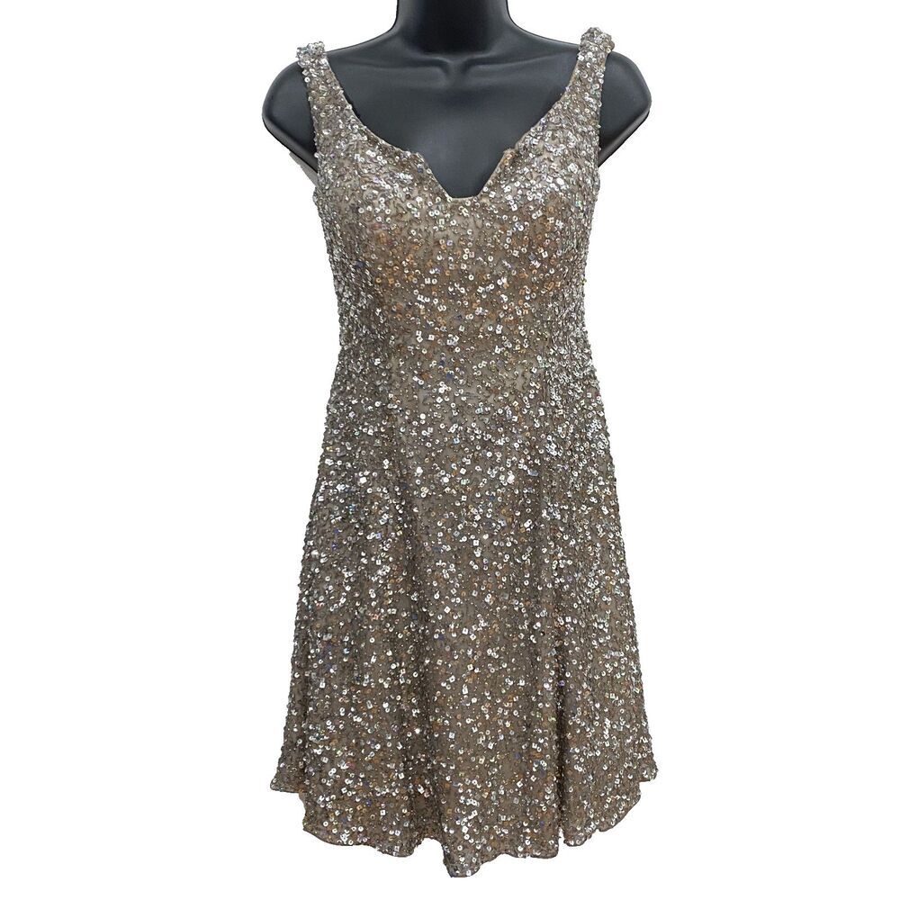 Y2K Scala Sequin Mini Dress Size 4 Vintage Beaded Glam Bronze Gold Metallic Tank